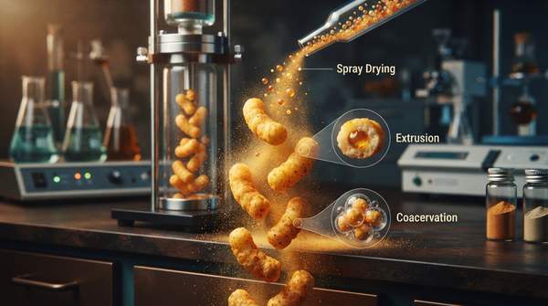 Editorial illustration for How Flavor Encapsulation Works in Snacks: Spray Drying, Extrusion, and Coacervation Explained
