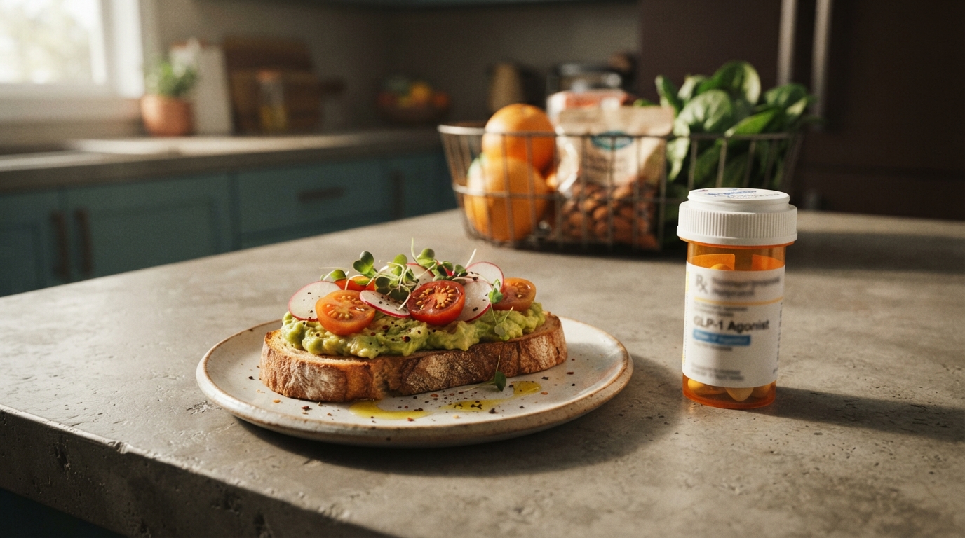 A prescription bottle of GLP-1 agonist medication sits next to a healthy snack on a kitchen counter, symbolizing the changing consumer habits impacting snack brands in 2026.